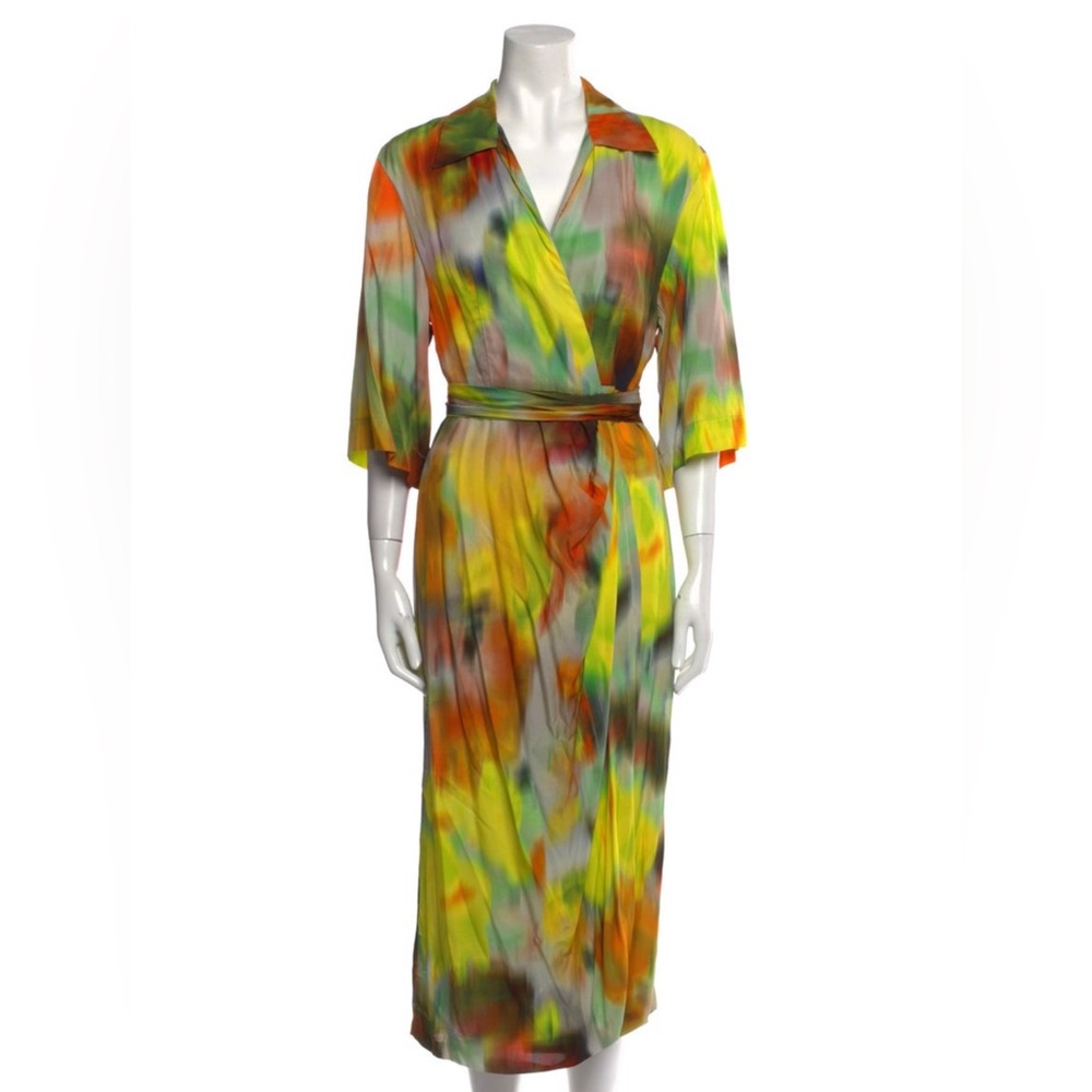 Dries Van Noten Yellow and Green Wrap Gown with Bishop Sleeves